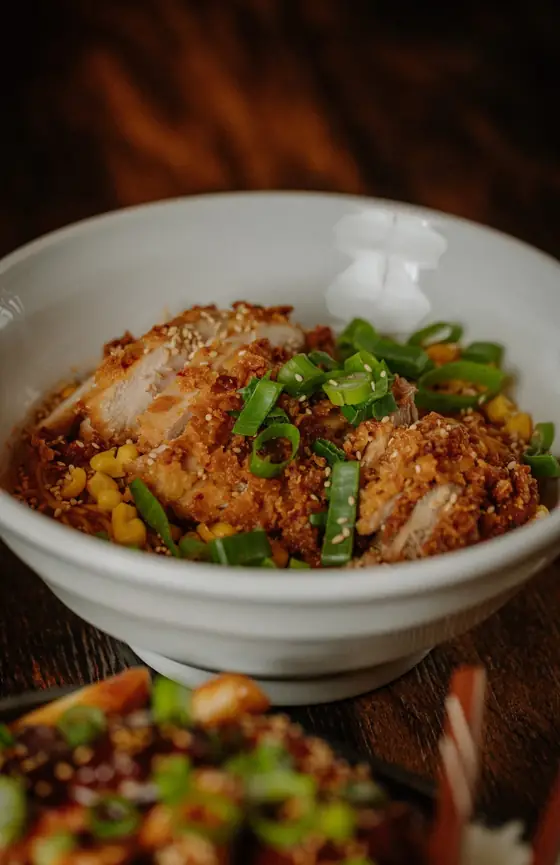 Spicy Cheesy Ramyun z panierowanym kurczakiem, kukurydzą i dymką w białej misce